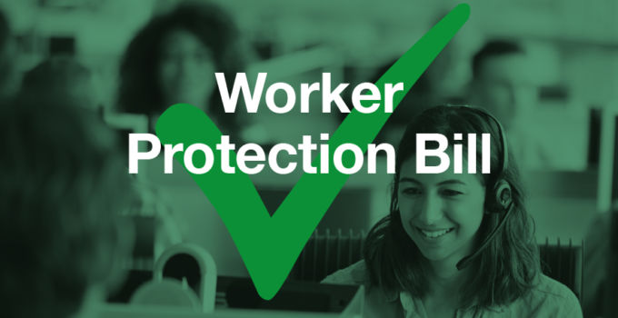 Dark green Worker Production Bill graphic with people in the background at work