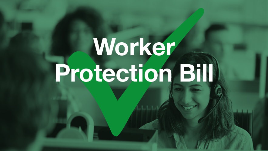 Dark green Worker Production Bill graphic with people in the background at work